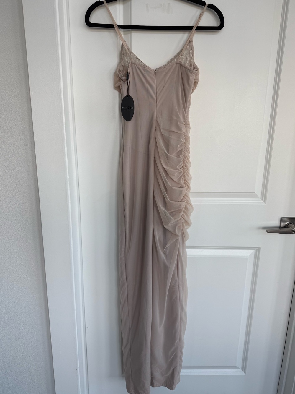 White Fox Boutique Beige Lace-Trim Slit Maxi Dress - Picture 3 of 7